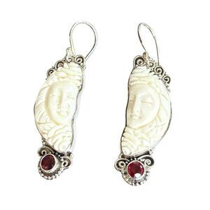 Hand-Carved Face Sterling Silver Earrings With Garnet Gemstone Accents